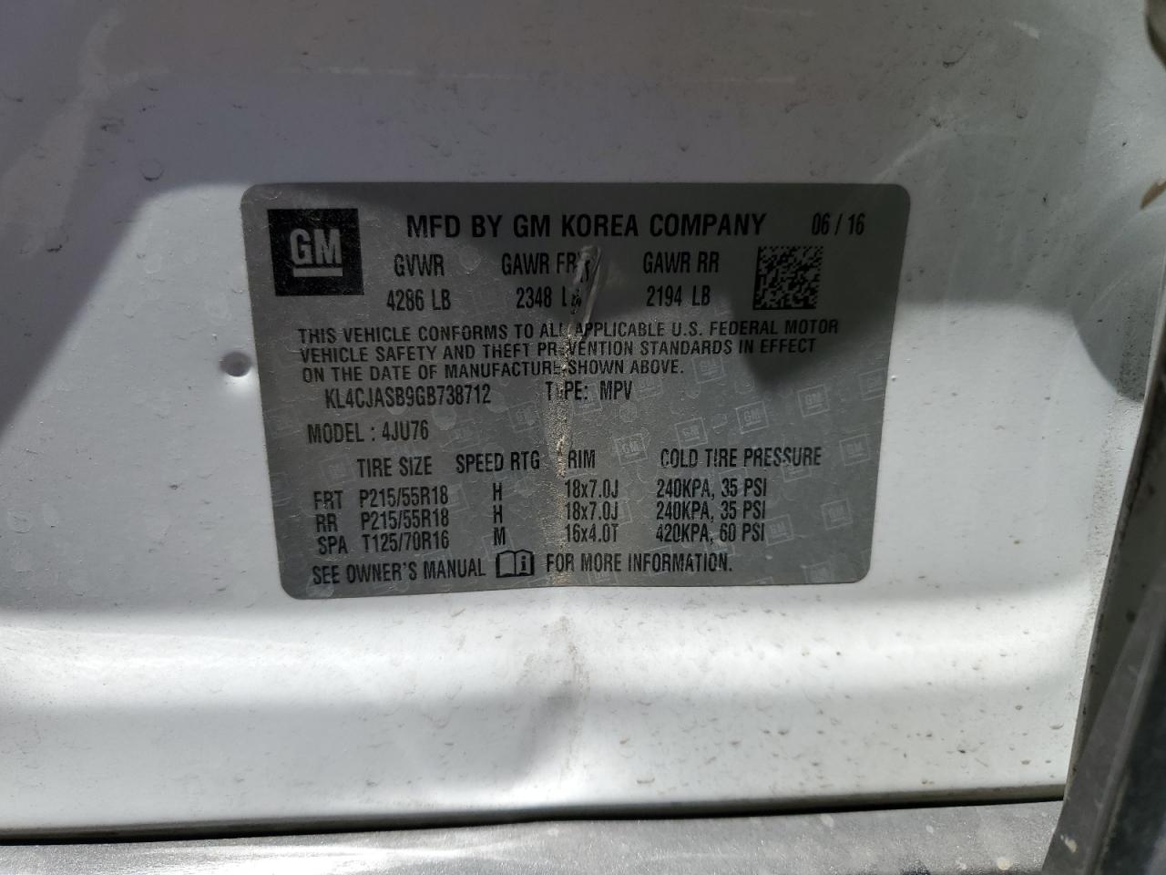 2016 Buick Encore VIN: KL4CJASB9GB738712 Lot: 56898015