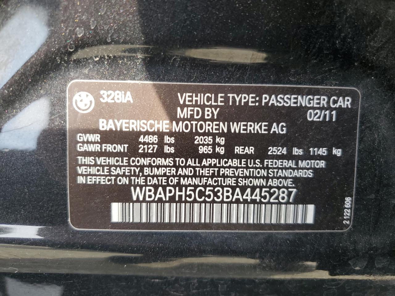 2011 BMW 328 I Sulev VIN: WBAPH5C53BA445287 Lot: 57314625