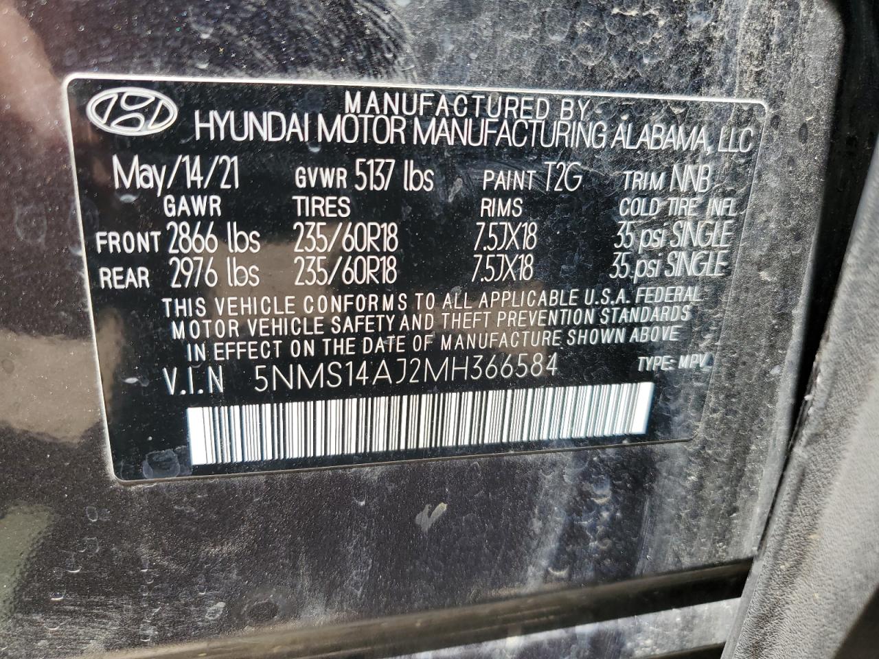 2021 Hyundai Santa Fe Se VIN: 5NMS14AJ2MH366584 Lot: 57144915