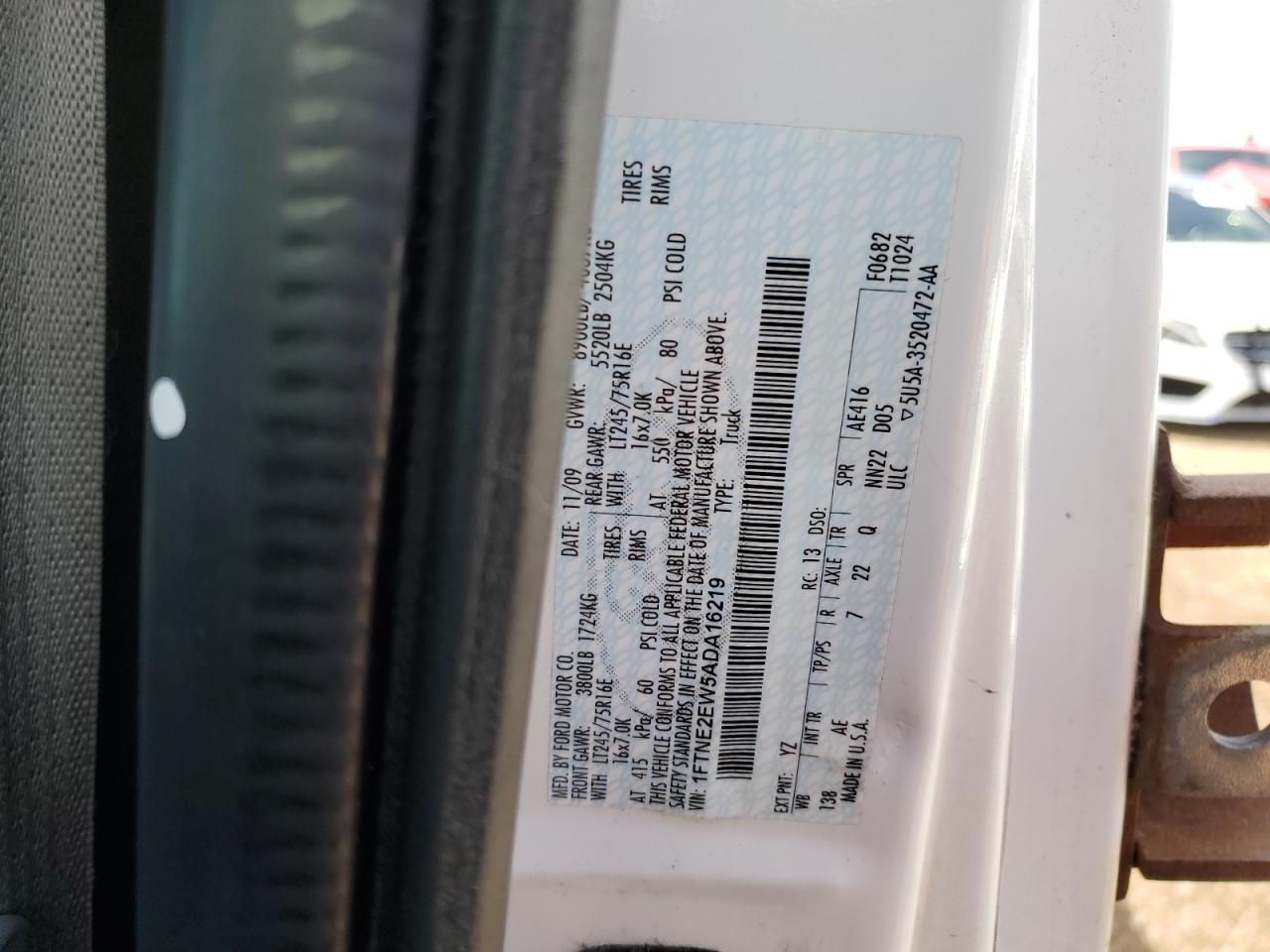 2010 Ford Econoline E250 Van VIN: 1FTNE2EW5ADA16219 Lot: 58407655