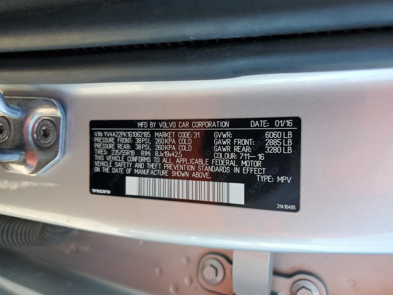 2016 Volvo Xc90 T6 VIN: YV4A22PK1G1062185 Lot: 53988805