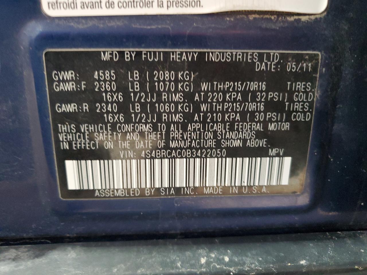 2011 Subaru Outback 2.5I VIN: 4S4BRCAC0B3422050 Lot: 57159505