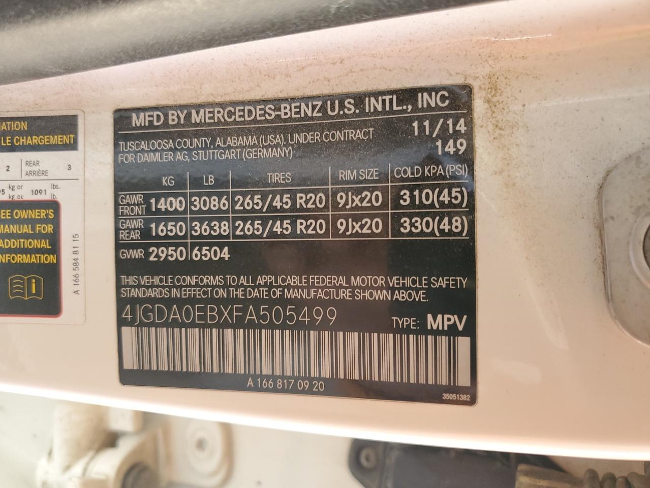 2015 Mercedes-Benz Ml 250 Bluetec VIN: 4JGDA0EBXFA505499 Lot: 56798805