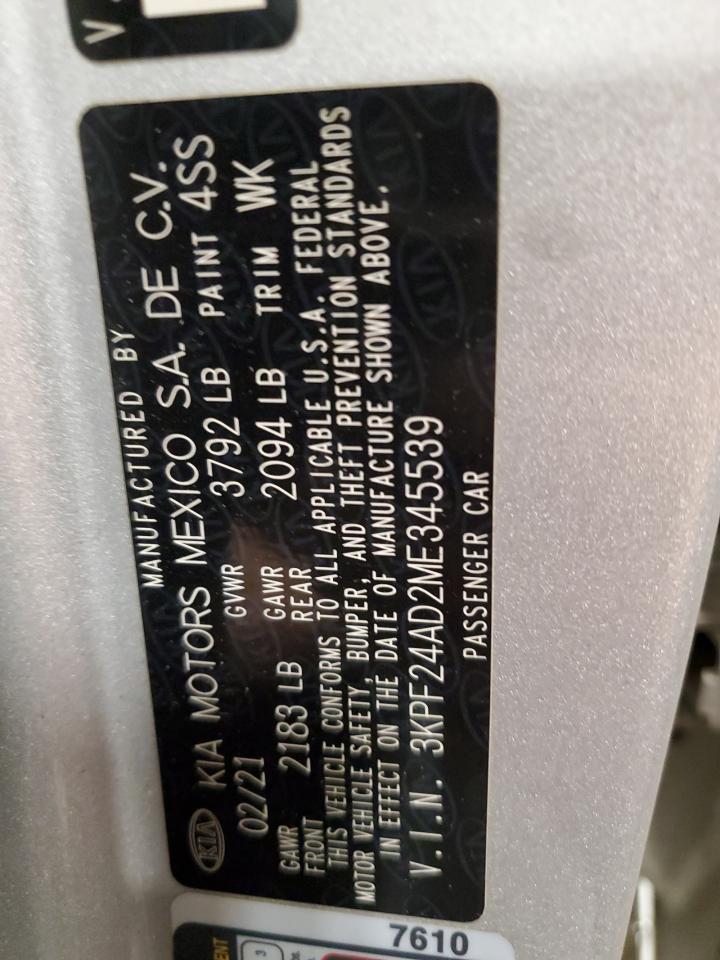 2021 Kia Forte Fe VIN: 3KPF24AD2ME345539 Lot: 55319665
