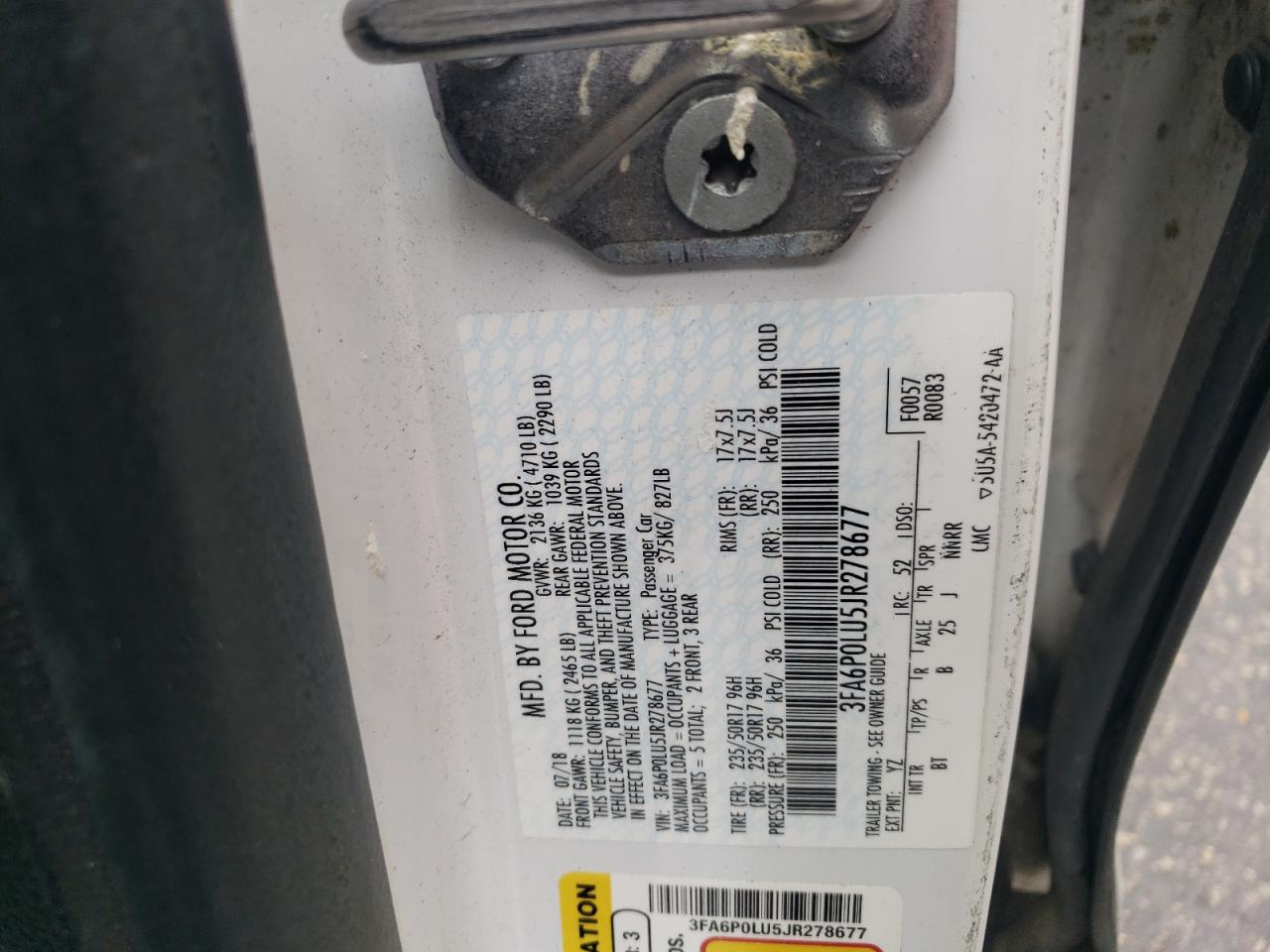 2018 Ford Fusion Se Hybrid VIN: 3FA6P0LU5JR278677 Lot: 54028945