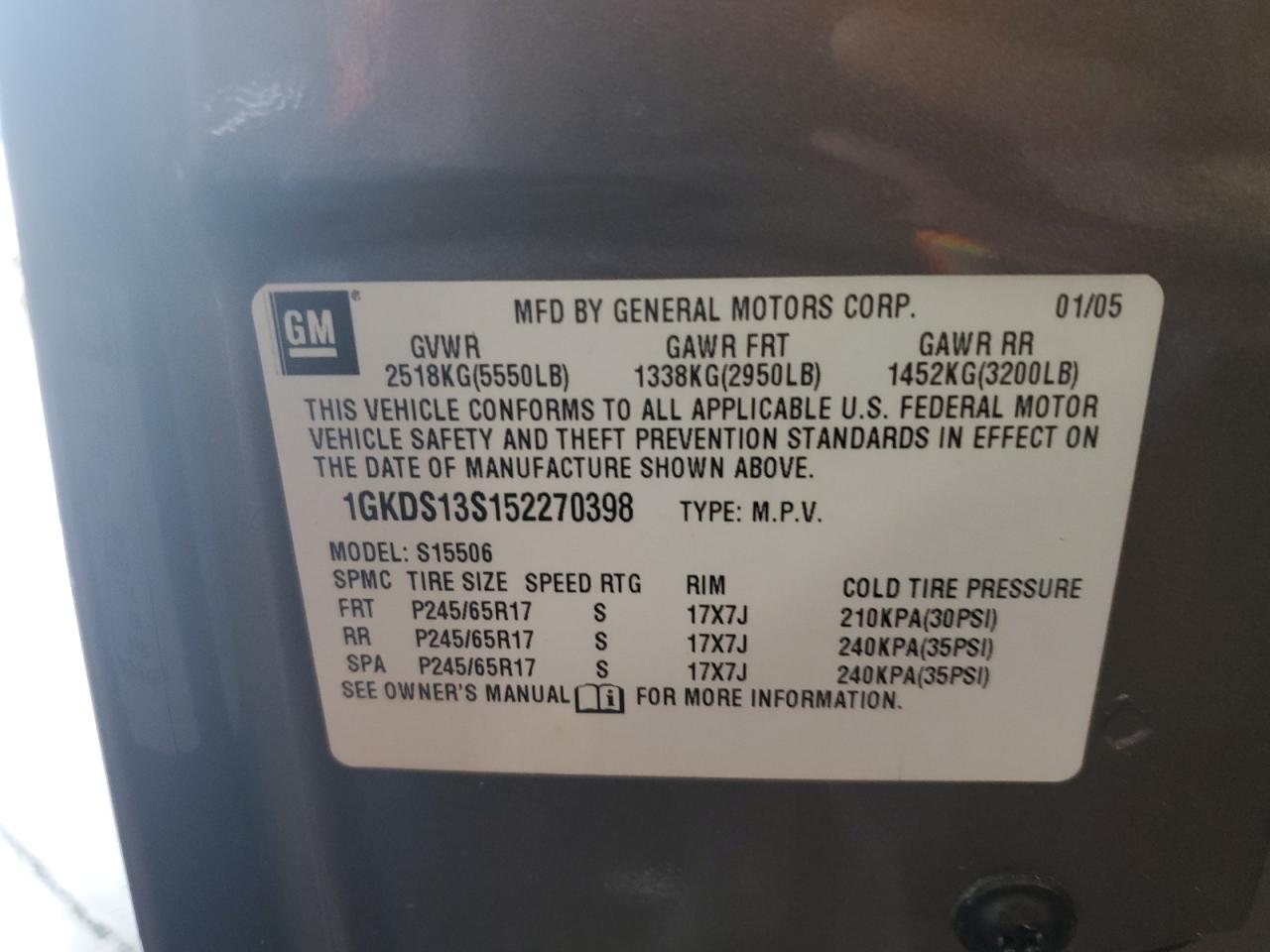 2005 GMC Envoy VIN: 1GKDS13S152270398 Lot: 56160625
