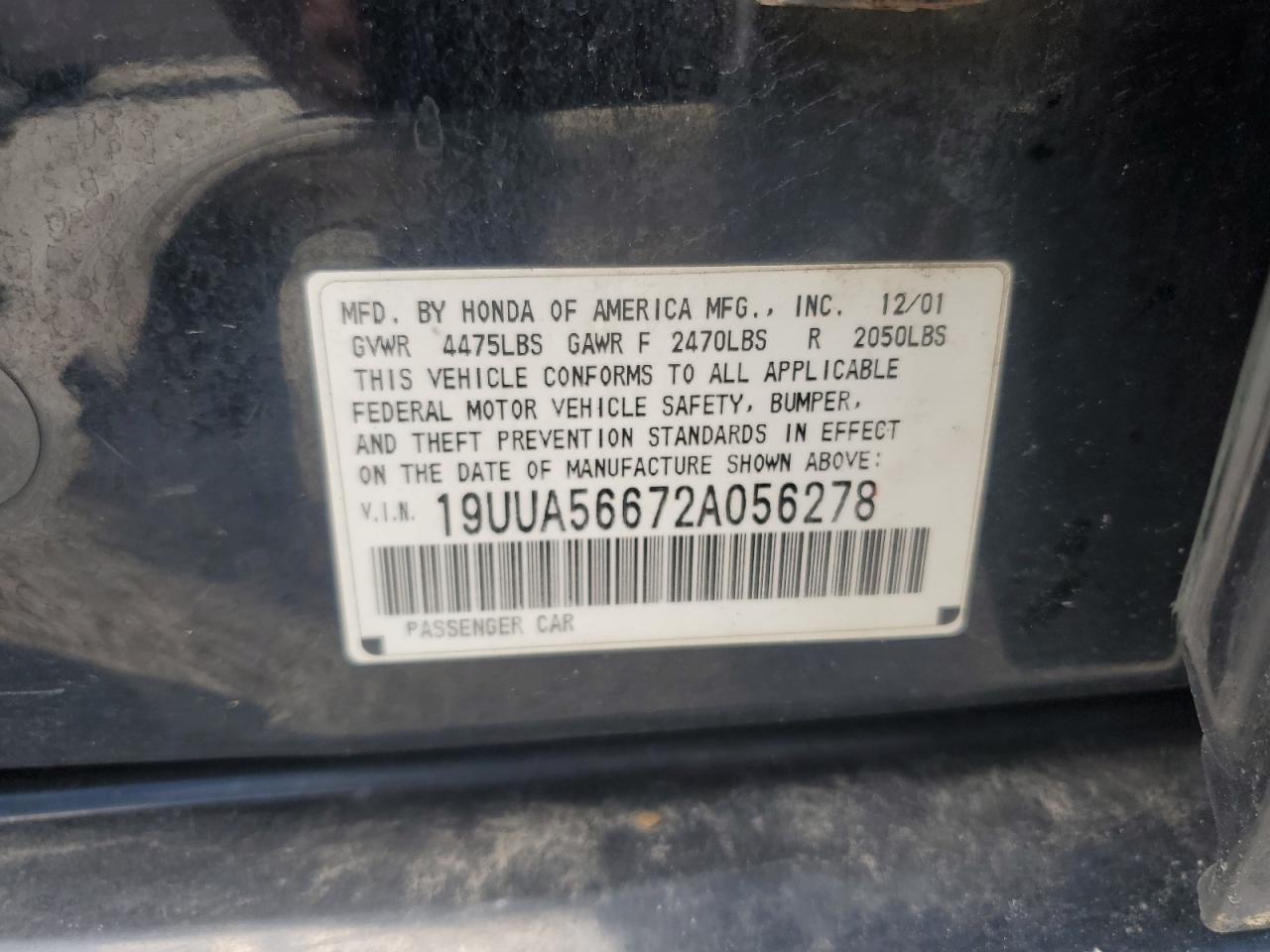 2002 Acura 3.2Tl VIN: 19UUA56672A056278 Lot: 59006905