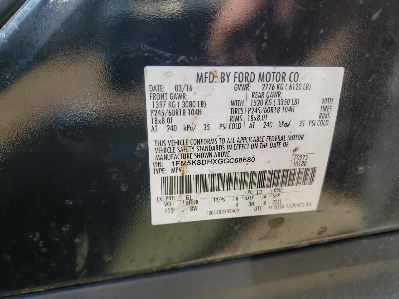 2016 Ford Explorer Xlt VIN: 1FM5K8DHXGGC68680 Lot: 57284315