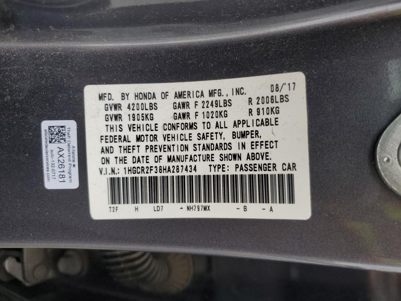 1HGCR2F38HA287434 HONDA ACCORD 2017