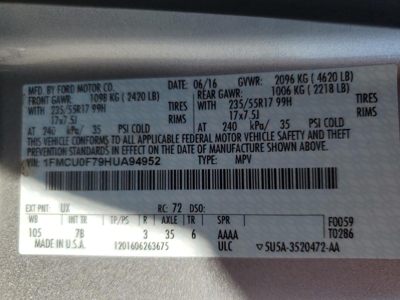 1FMCU0F79HUA94952 FORD ESCAPE 2017
