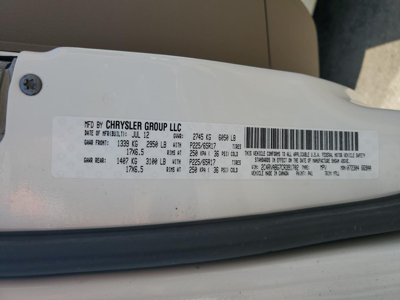 2012 Volkswagen Routan Se VIN: 2C4RVABG7CR391702 Lot: 57144765
