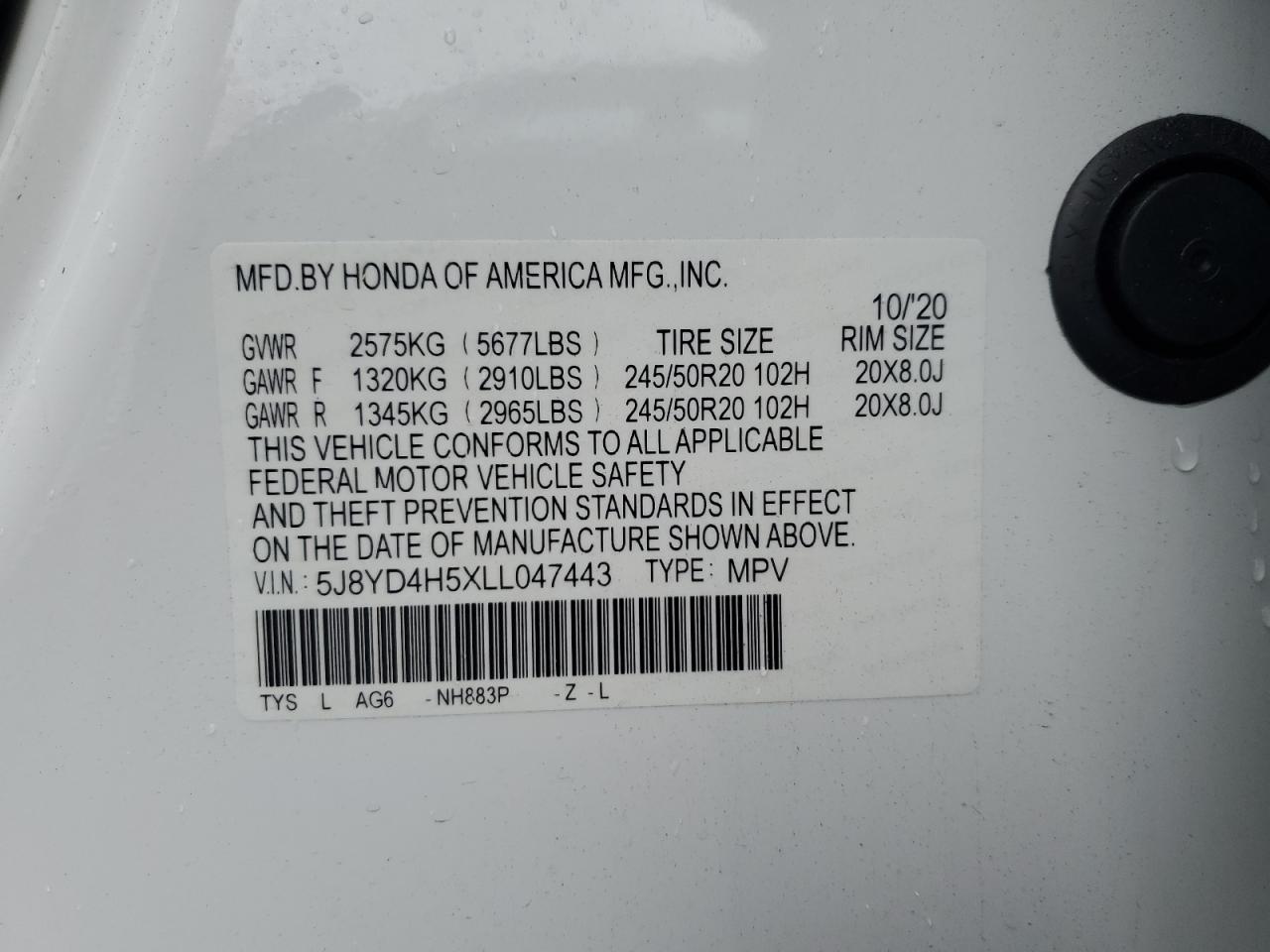 2020 Acura Mdx Technology VIN: 5J8YD4H5XLL047443 Lot: 56631525