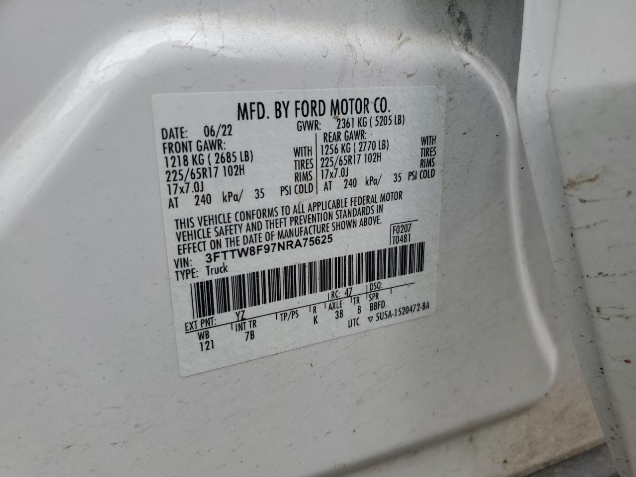 2022 Ford Maverick Xl VIN: 3FTTW8F97NRA75625 Lot: 56860485