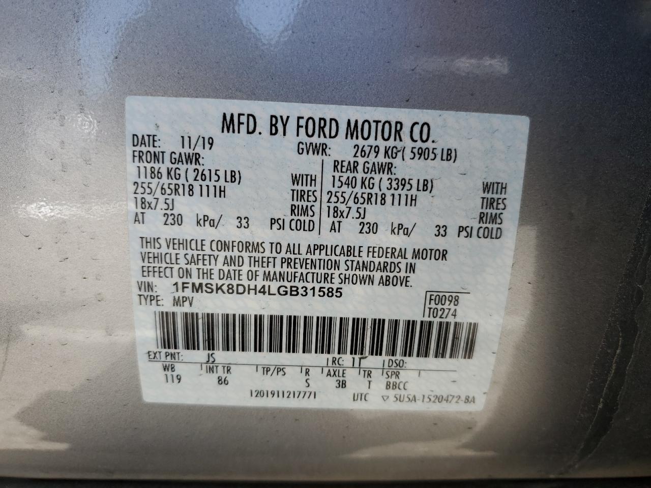 1FMSK8DH4LGB31585 FORD EXPLORER 2020