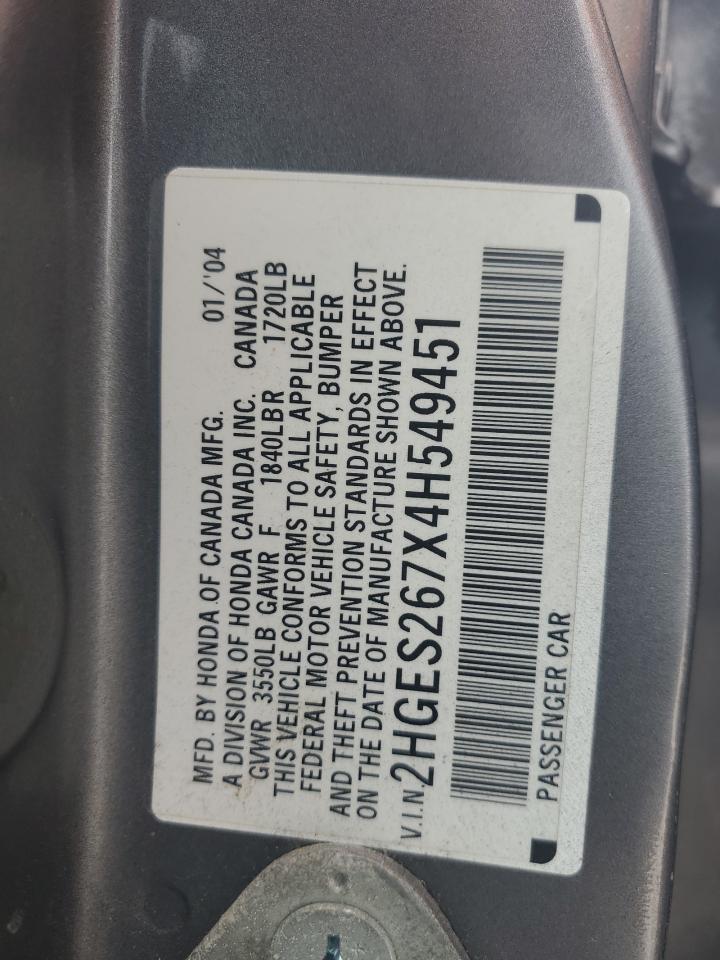 2004 Honda Civic Ex VIN: 2HGES267X4H549451 Lot: 56358865