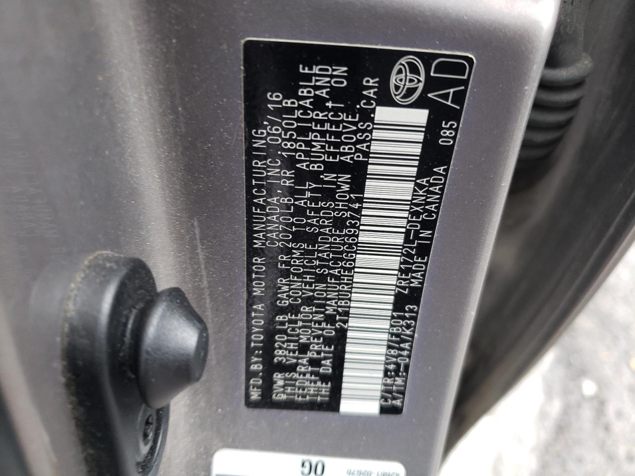 2T1BURHE6GC693741 TOYOTA COROLLA 2016