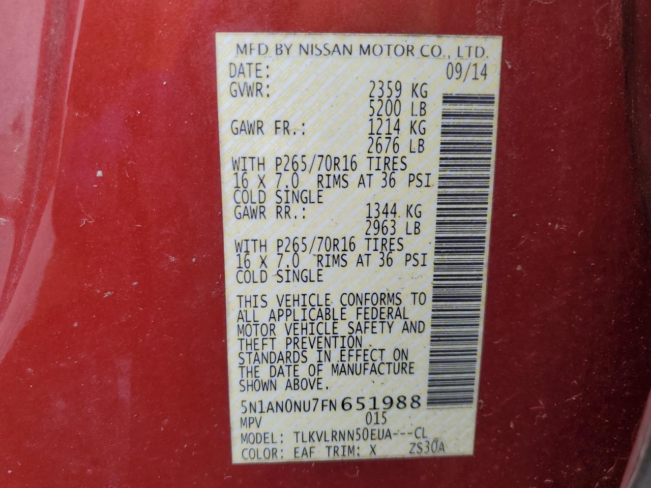 2015 Nissan Xterra X VIN: 5N1AN0NU7FN651988 Lot: 56578635