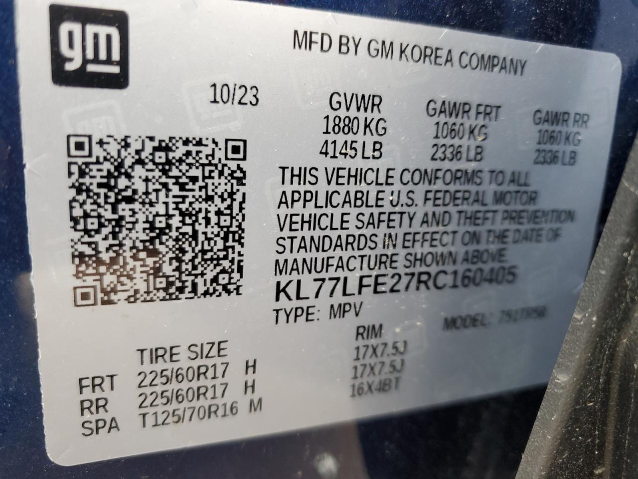2024 Chevrolet Trax Ls VIN: KL77LFE27RC160405 Lot: 58056715