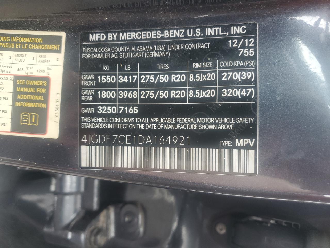 2013 Mercedes-Benz Gl 450 4Matic VIN: 4JGDF7CE1DA164921 Lot: 56667625