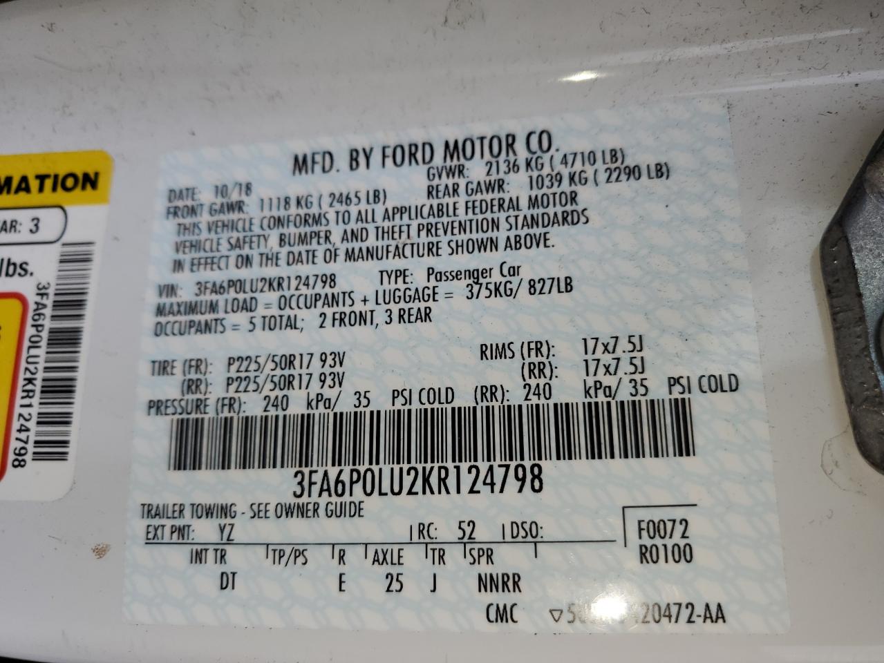 2019 Ford Fusion Se VIN: 3FA6P0LU2KR124798 Lot: 55386135