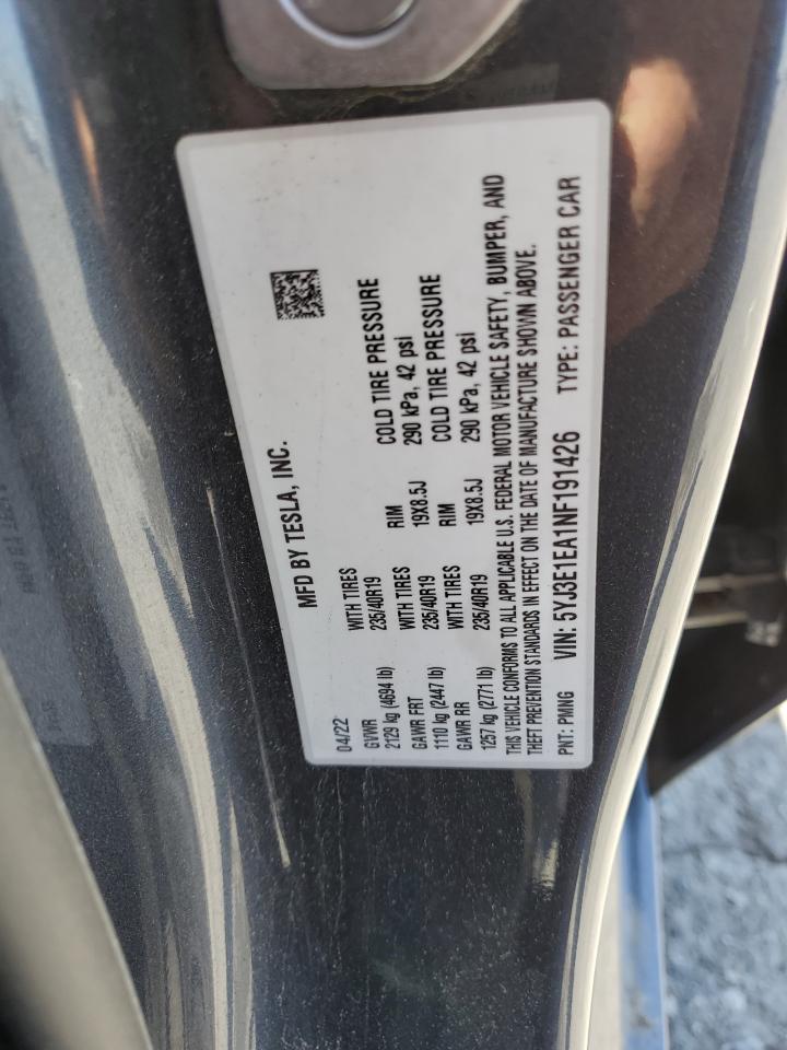 2022 Tesla Model 3 VIN: 5YJ3E1EA1NF191426 Lot: 56656125