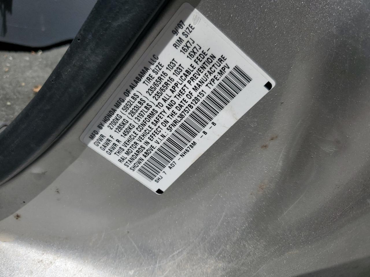 2007 Honda Odyssey Exl VIN: 5FNRL38757B128151 Lot: 57239895