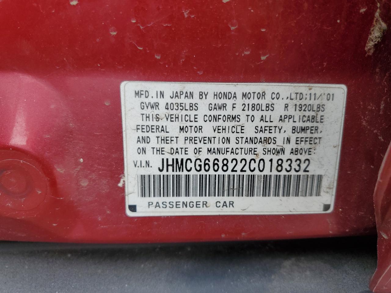 2002 Honda Accord Ex VIN: JHMCG66822C018332 Lot: 55568025