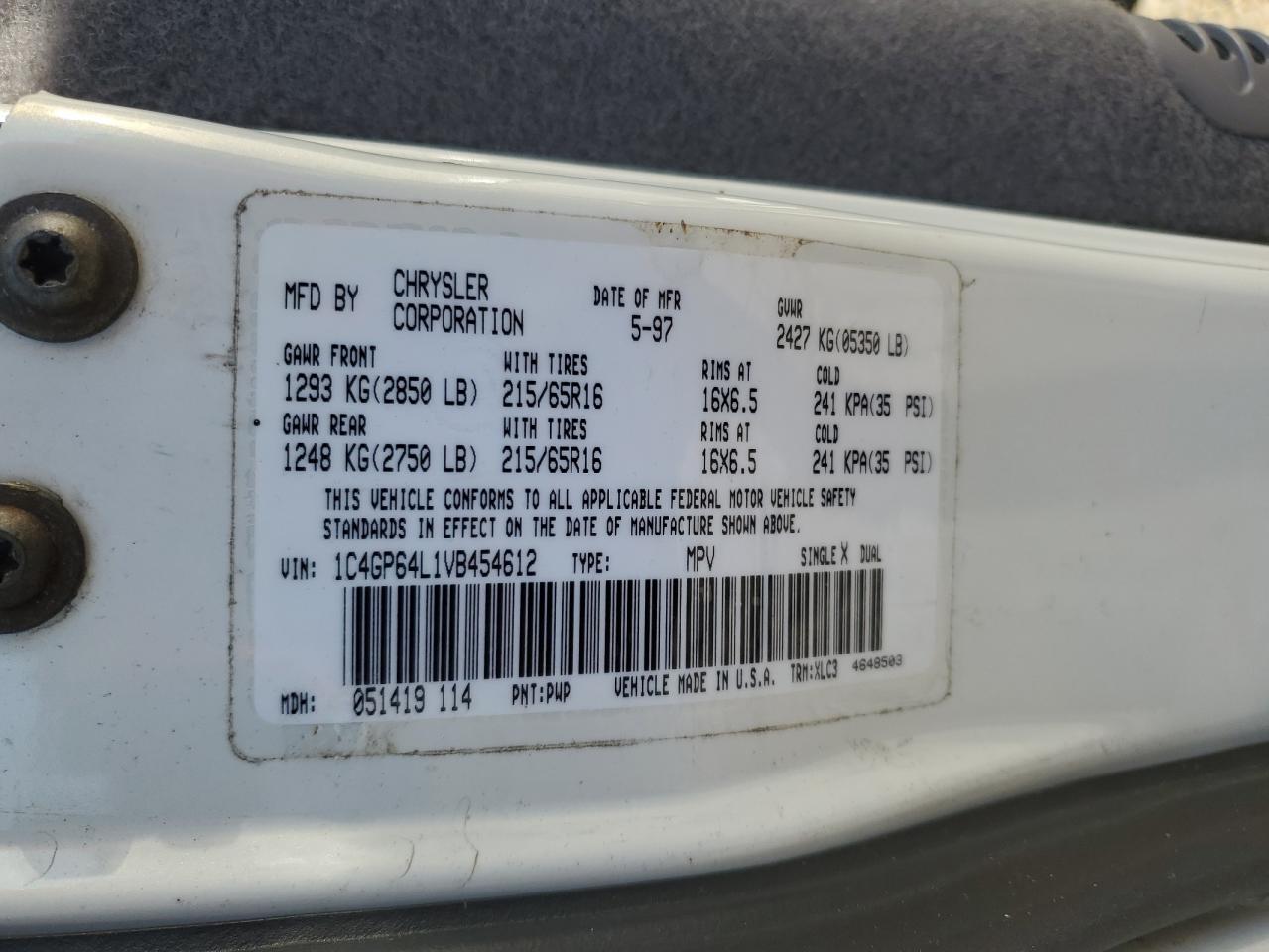 1997 Chrysler Town & Country Lxi VIN: 1C4GP64L1VB454612 Lot: 55979985