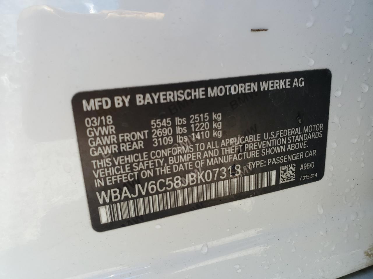 2018 BMW 640 Xigt VIN: WBAJV6C58JBK07318 Lot: 57110785