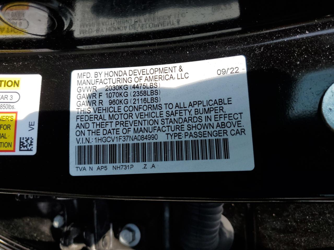 2022 Honda Accord Sport VIN: 1HGCV1F37NA084990 Lot: 58617765