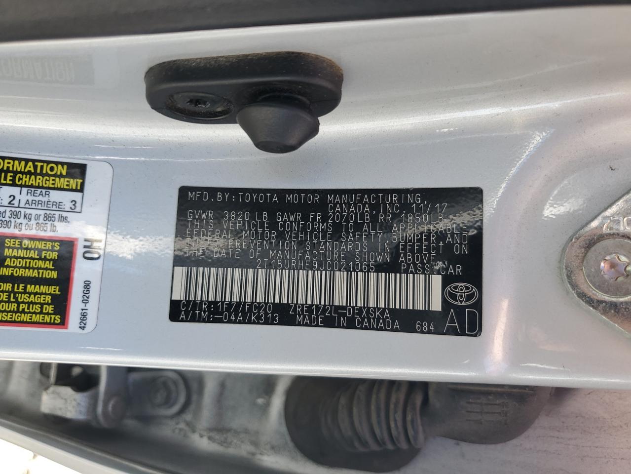 2T1BURHE9JC021065 TOYOTA COROLLA 2018