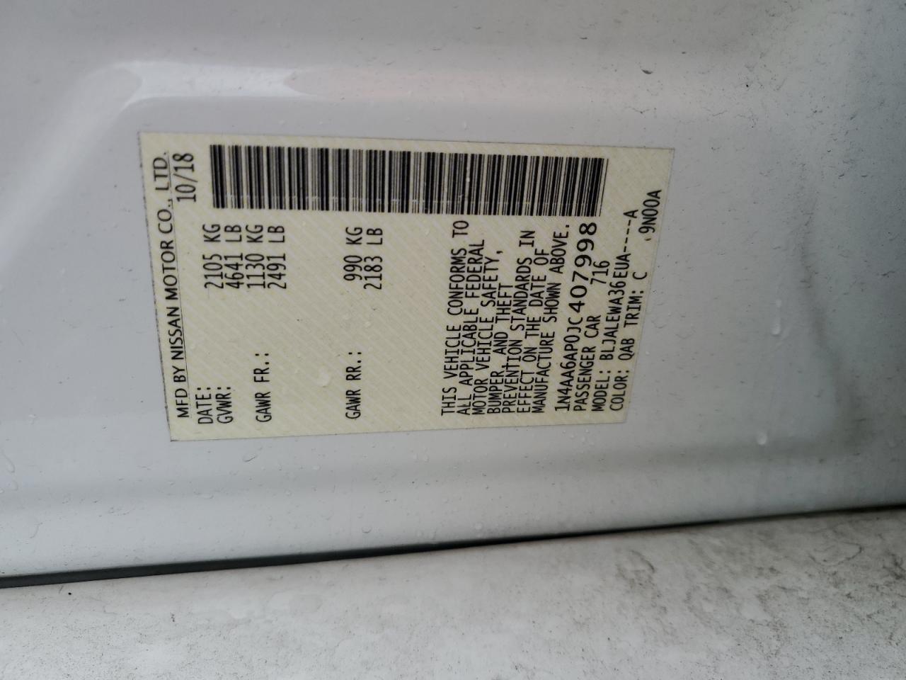1N4AA6AP0JC407998 NISSAN MAXIMA 2018