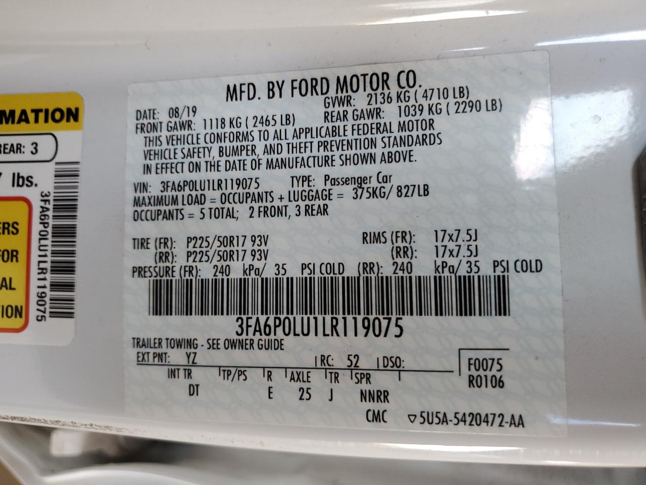 2020 Ford Fusion Se VIN: 3FA6P0LU1LR119075 Lot: 58939245