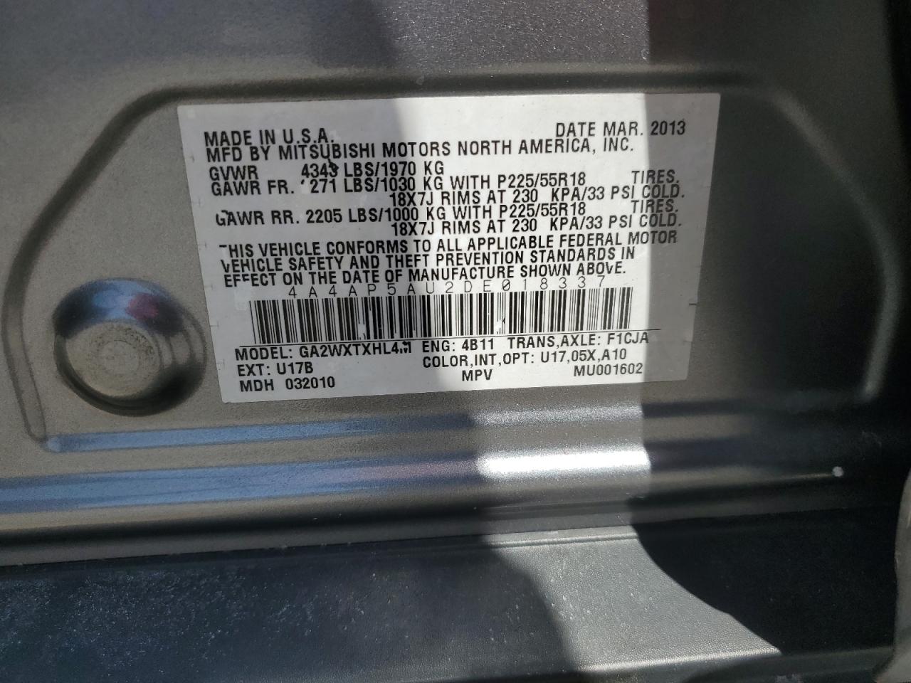 2013 Mitsubishi Outlander Sport Le VIN: 4A4AP5AU2DE018337 Lot: 57483235