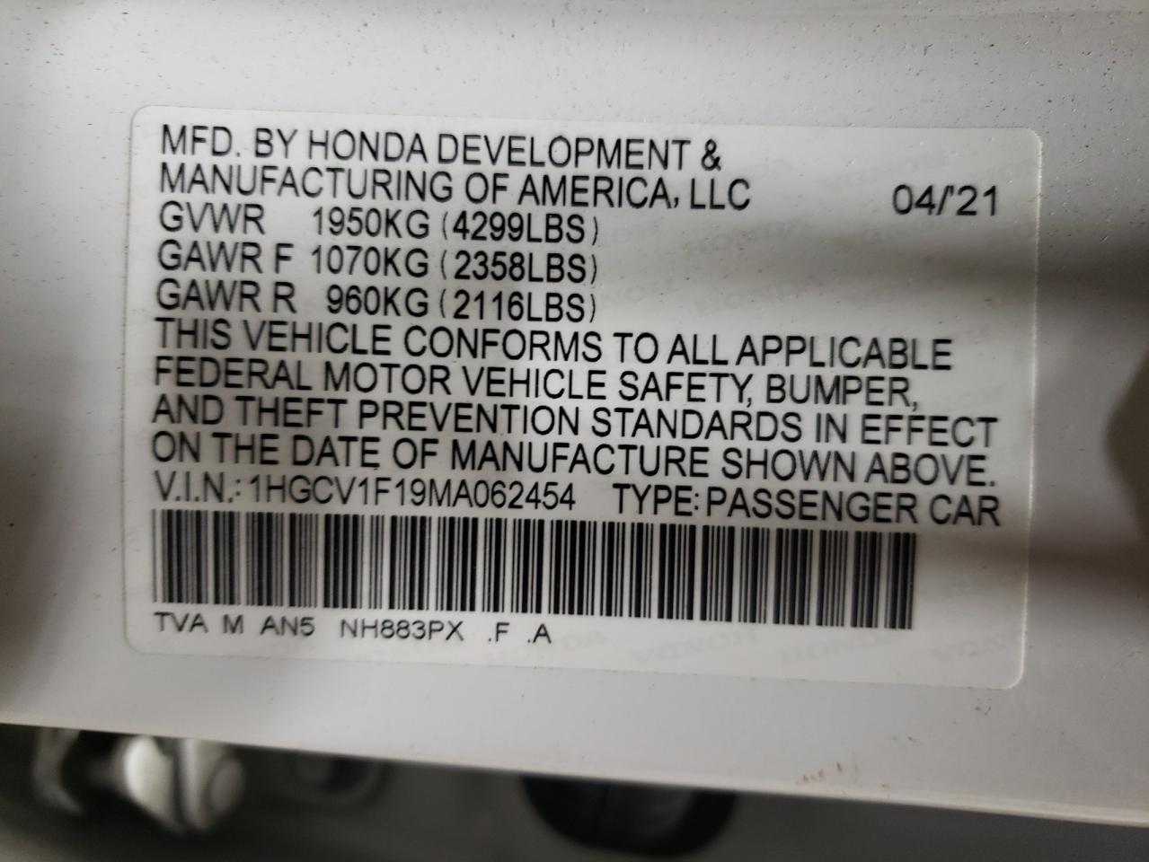 1HGCV1F19MA062454 HONDA ACCORD 2021