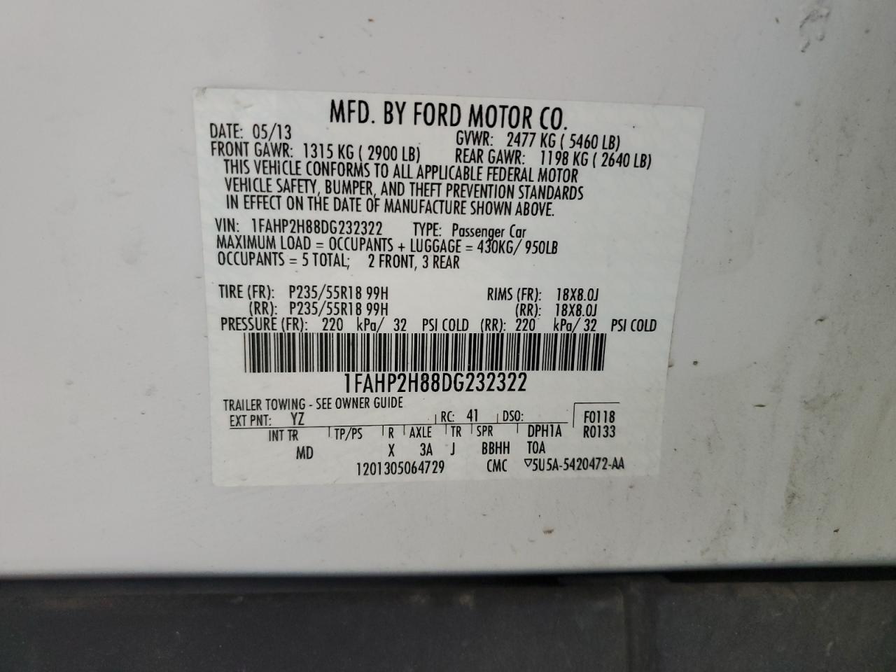 2013 Ford Taurus Sel VIN: 1FAHP2H88DG232322 Lot: 57671715