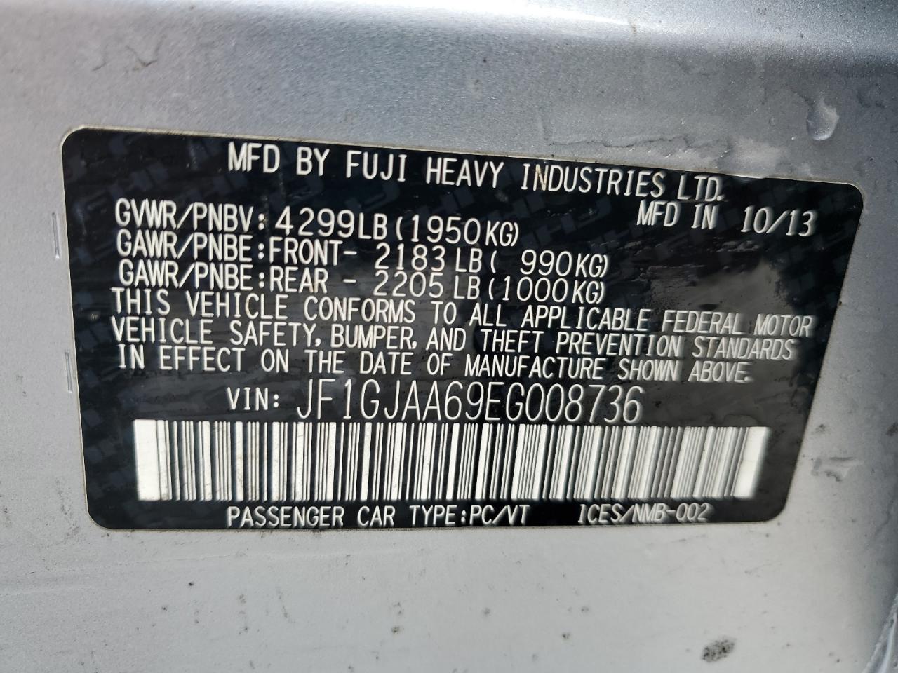 2014 Subaru Impreza VIN: JF1GJAA69EG008736 Lot: 56206515