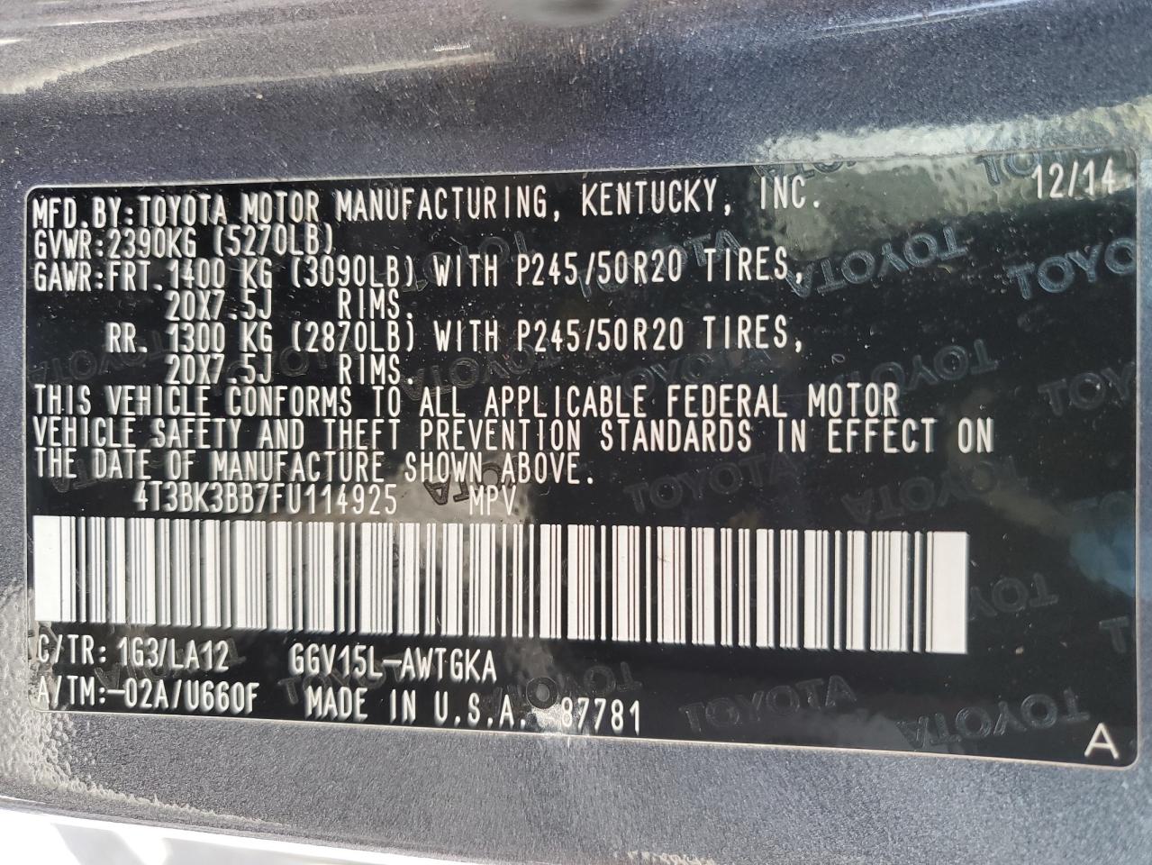 2015 Toyota Venza Le VIN: 4T3BK3BB7FU114925 Lot: 55446305