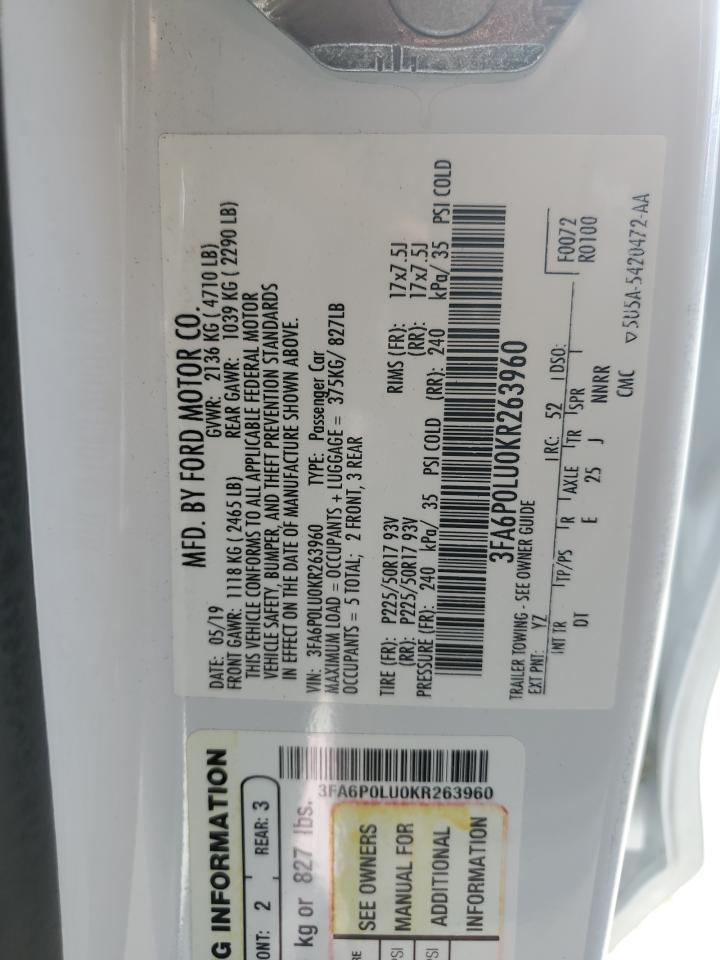 2019 Ford Fusion Se VIN: 3FA6P0LU0KR263960 Lot: 54037495