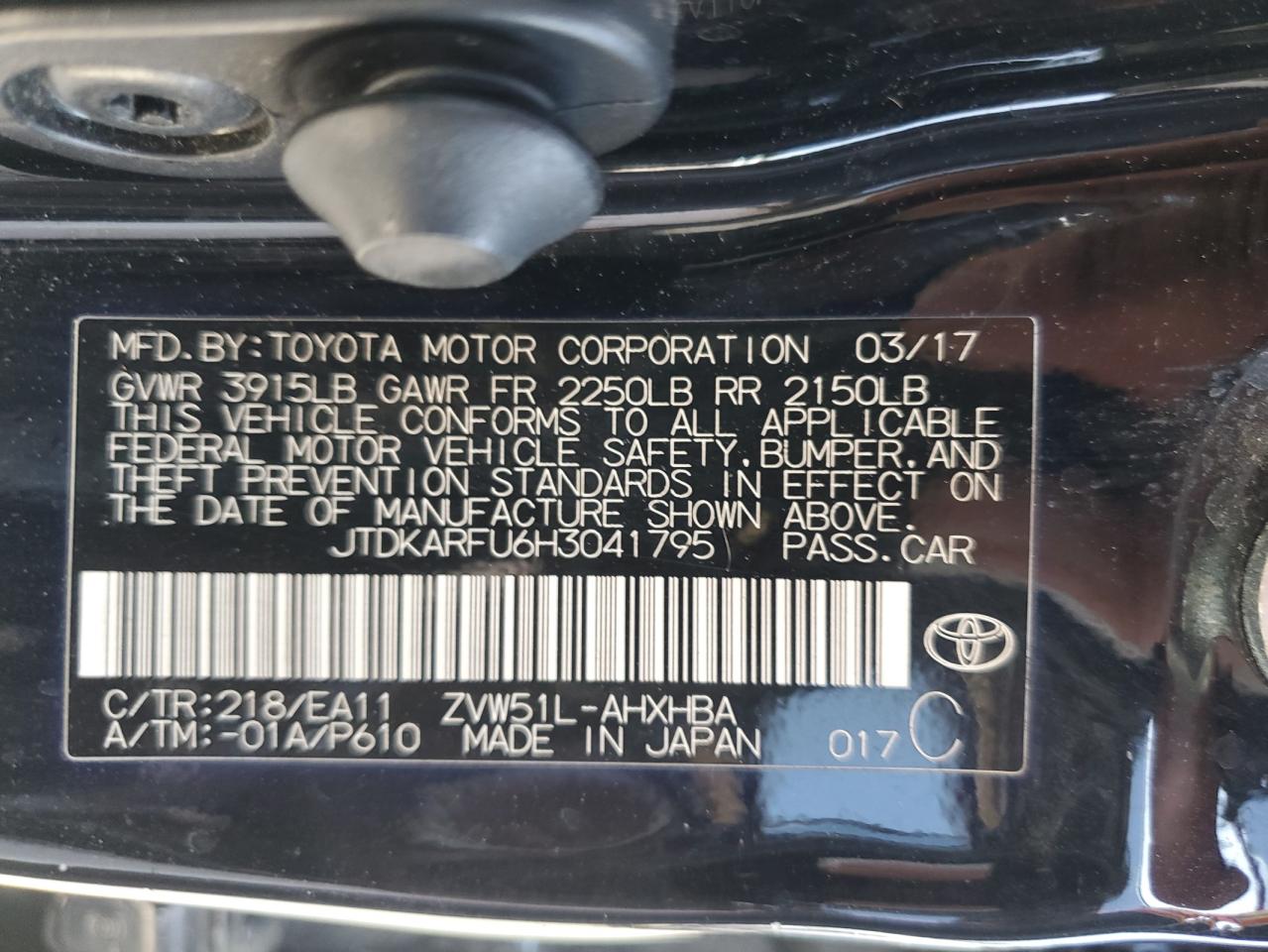 2017 Toyota Prius VIN: JTDKARFU6H3041795 Lot: 55442285