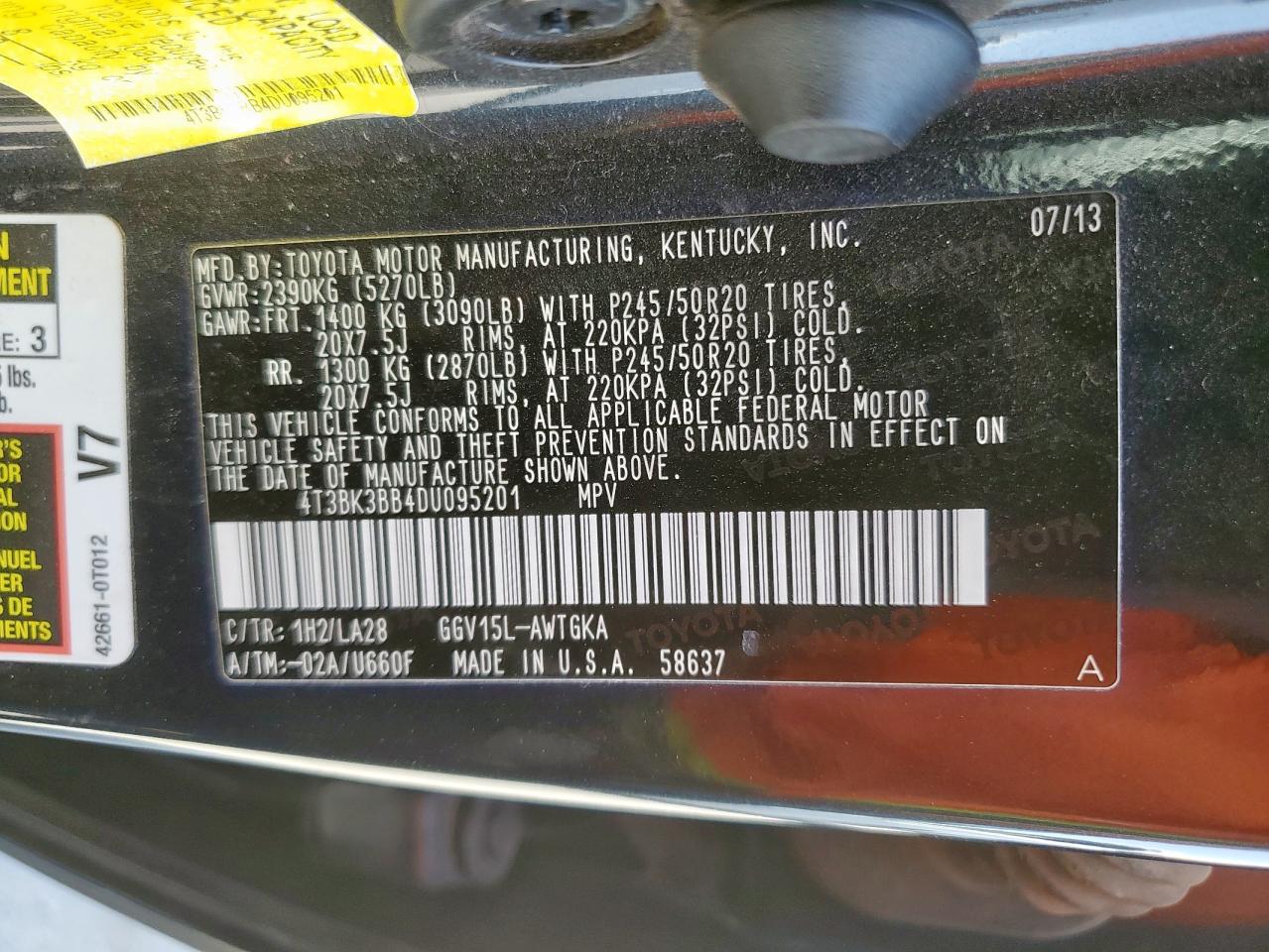 2013 Toyota Venza Le VIN: 4T3BK3BB4DU095201 Lot: 57146975