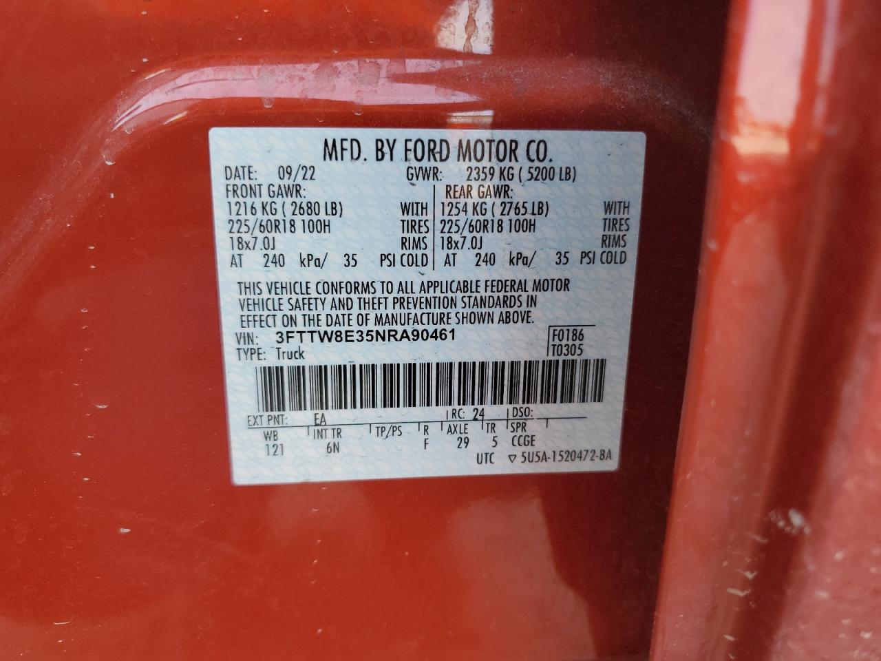 3FTTW8E35NRA90461 FORD MAVERICK 2022