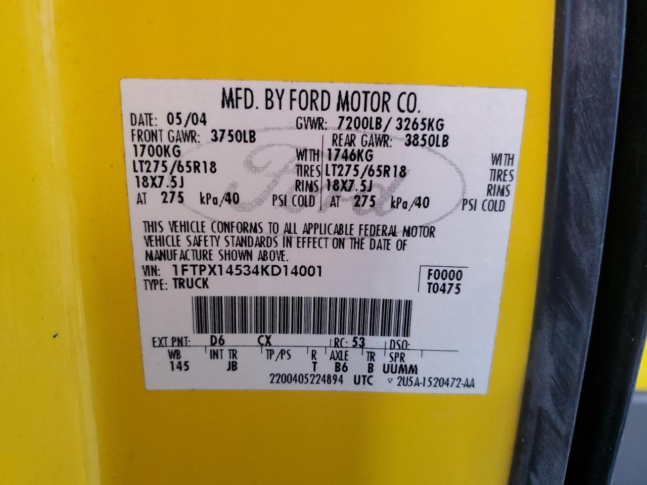 2004 Ford F150 VIN: 1FTPX14534KD14001 Lot: 57240635