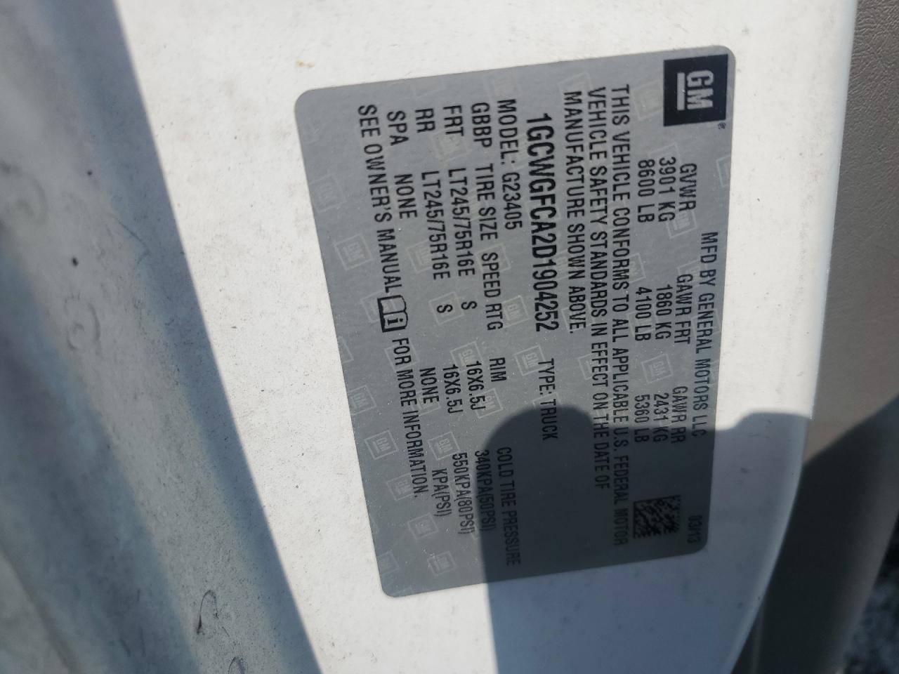 2013 Chevrolet Express G2500 VIN: 1GCWGFCA2D1904252 Lot: 56354575