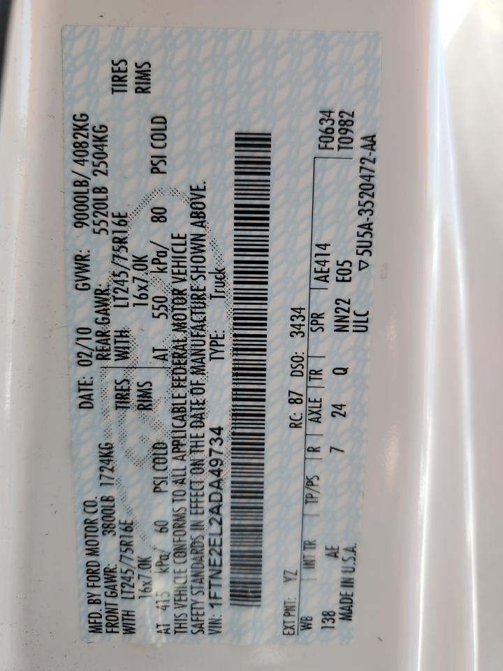 2010 Ford Econoline E250 Van VIN: 1FTNE2EL2ADA49734 Lot: 56376805