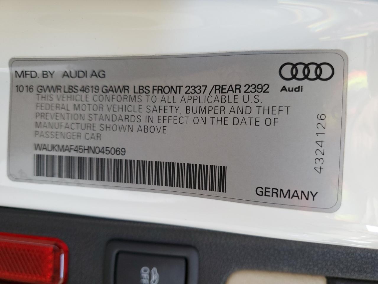 2017 Audi A4 Ultra Premium VIN: WAUKMAF45HN045069 Lot: 56906575
