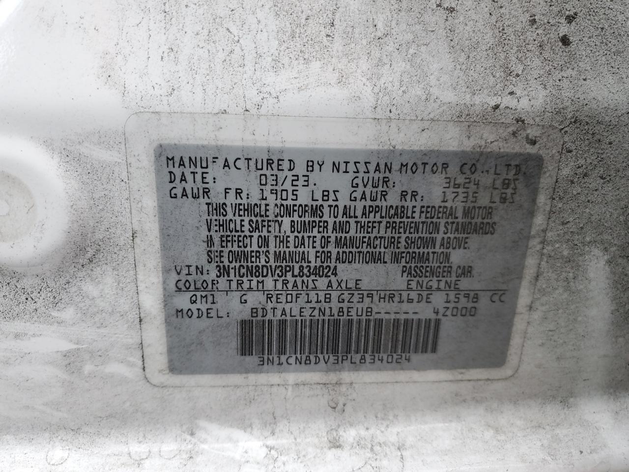2023 Nissan Versa S VIN: 3N1CN8DV3PL834024 Lot: 56683345