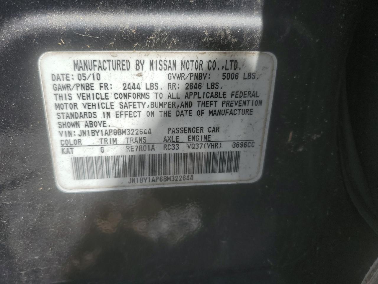 2011 Infiniti M37 VIN: JN1BY1AP6BM322644 Lot: 55631945