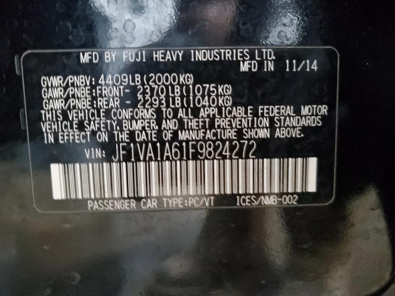 2015 Subaru Wrx VIN: JF1VA1A61F9824272 Lot: 55507505