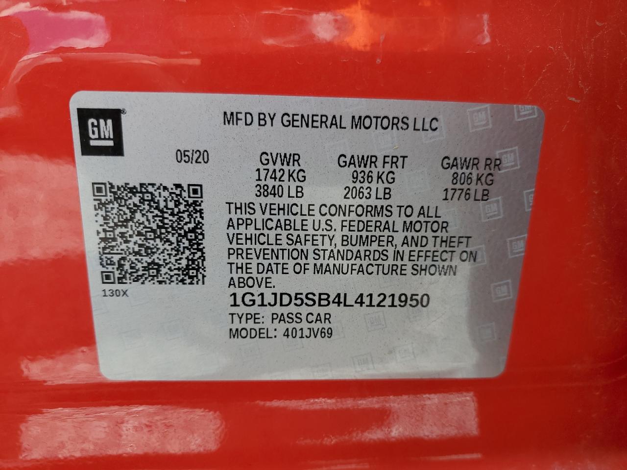 2020 Chevrolet Sonic Lt VIN: 1G1JD5SB4L4121950 Lot: 56721405